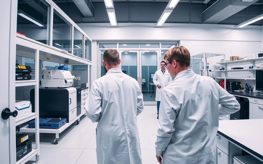 Scienziati in camice bianco che lavorano in un laboratorio moderno con attrezzature all'avanguardia, simboleggiando il controllo qualità e la ricerca scientifica.