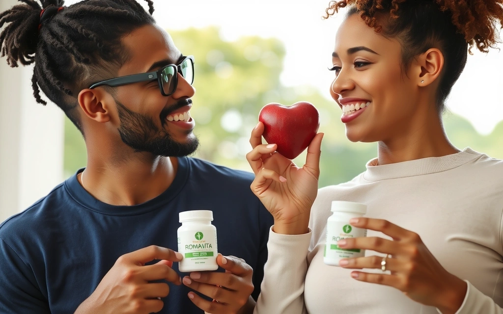 Uomo e donna sorridenti che discutono di benessere con integratori Romavita in mano.